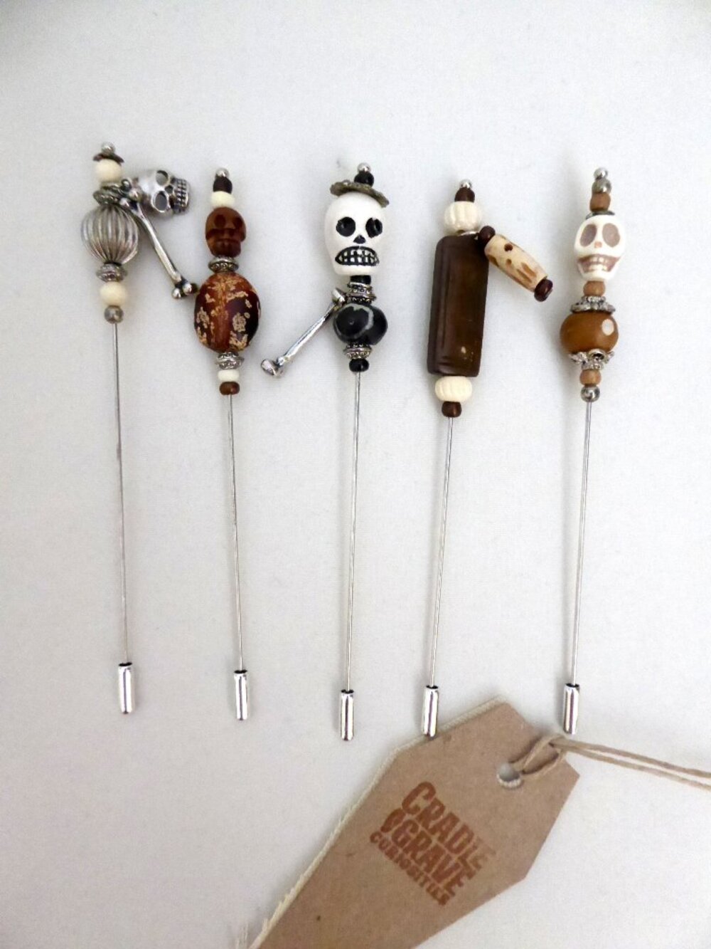 NEW 5” HANDCRAFTED GOTHIC SKULL TOPPED VOODOO DOLL PIN LOT OF 5 PROP ODDITY